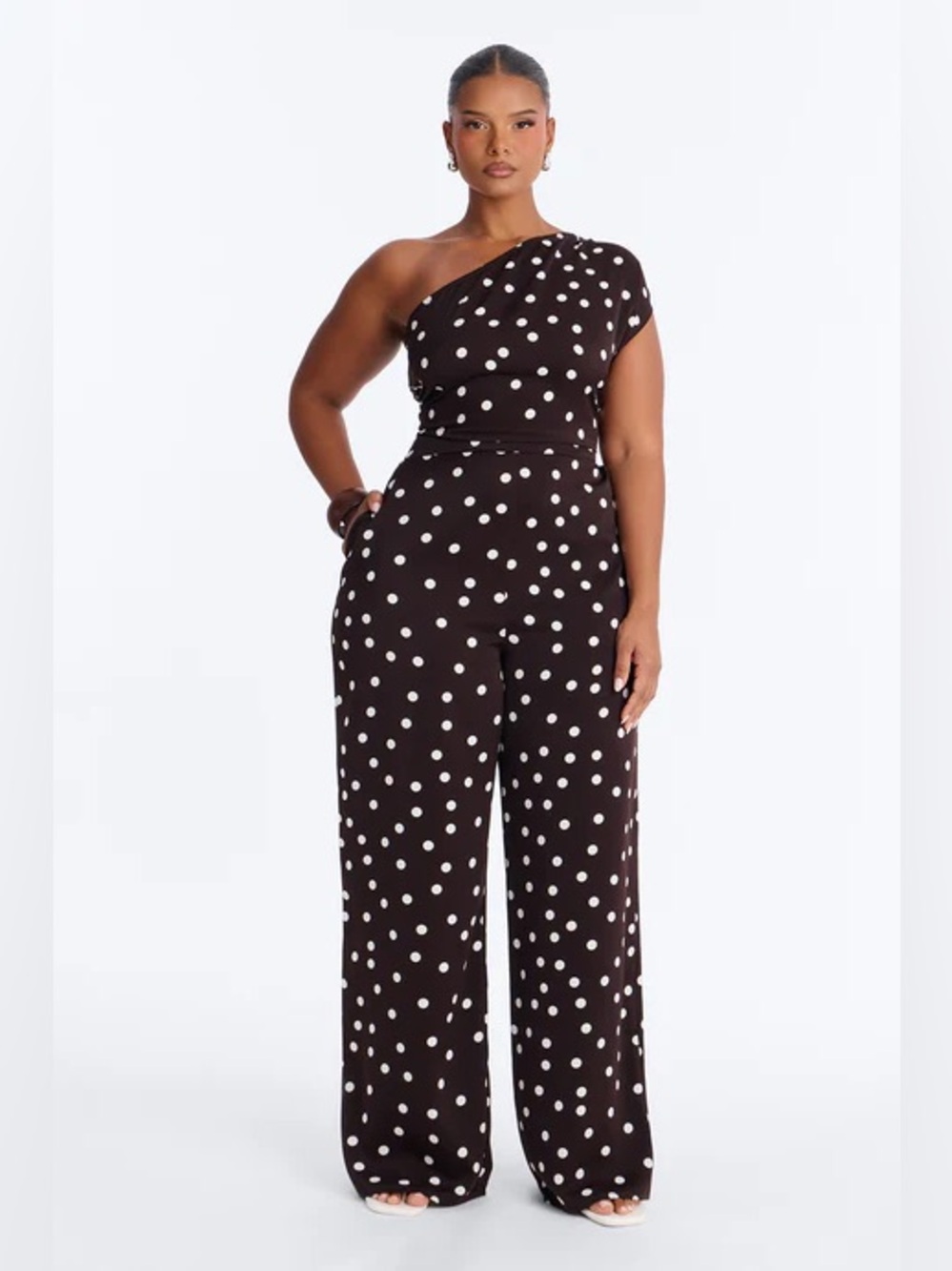Penni One-Shoulder Brown & White Polka Dot Jumpsuit 1X NWT